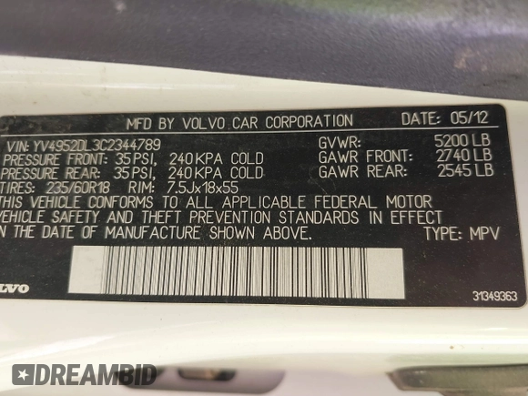 2012 Volvo XC60 3.2L с VIN YV4952DL3C2344789, выставлен на аукционе IAAI как лот 41807917 с пробегом 235 939 миль миль и . История ставок и продаж доступна на DreamBid. Изображение 9.