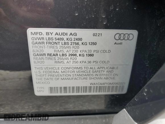 2021 Audi Q5 Prestige with VIN WA1CAAFY3M2062221, listed as a Copart auction lot 55538025 with 55,573 mi miles and Salvage title. Bid and sale history available at DreamBid. Image 13.