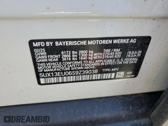 2025 BMW X5 sDrive40i with VIN 5UX13EU06S9Z39038, listed as a Copart auction lot 52816275 with Not provided miles and Salvage title. Bid and sale history available at DreamBid. Image 15.
