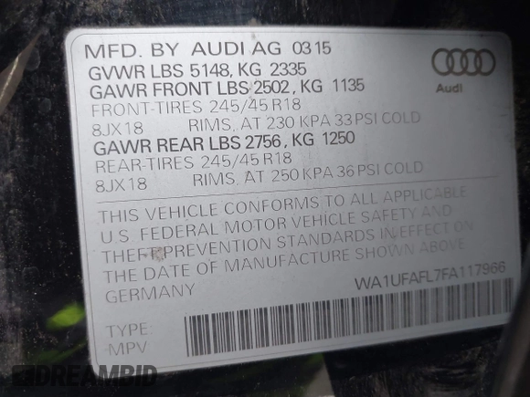 2015 Audi allroad Premium Plus with VIN WA1UFAFL7FA117966, listed as a IAAI auction lot 41530094 with 1 mi miles. Bid and sale history available at carsss.com. Image 9.