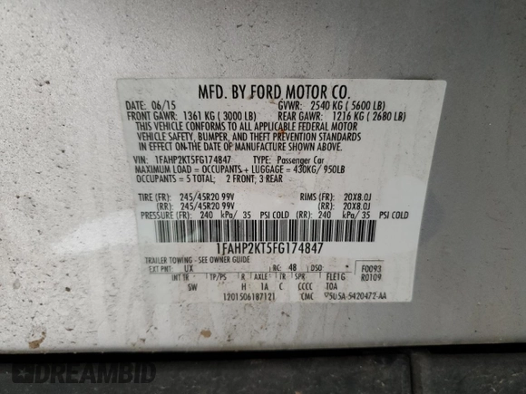 2015 Ford Taurus SHO с VIN 1FAHP2KT5FG174847, выставлен на аукционе Copart как лот 55769355 с пробегом 157 011 миль миль и Чистый • Clean title. История ставок и продаж доступна на DreamBid. Изображение 12.