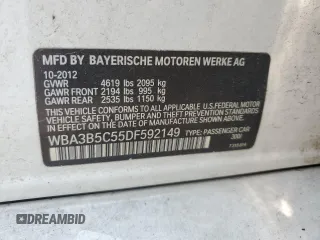 2013 BMW 3 Series 328i xDrive with VIN WBA3B5C55DF592149, listed as a Copart auction lot 59228605 with Not provided miles and Salvage title. Bid and sale history available at DreamBid. Image 12.