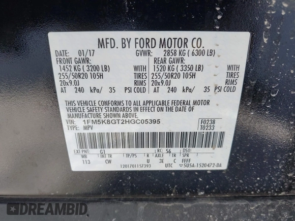 2017 Ford Explorer Sport with VIN 1FM5K8GT2HGC05395, listed as a IAAI auction lot 41358254 with 64,282 mi miles and . Bid and sale history available at carsss.com. Image 9.