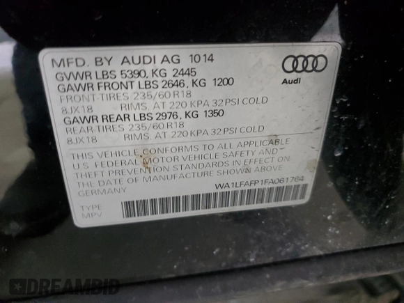 2015 Audi Q5 Premium Plus with VIN WA1LFAFP1FA061764, listed as a Copart auction lot 65063545 with 124,433 mi miles and Clean title. Bid and sale history available at DreamBid. Image 15.