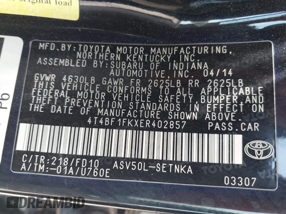 2014 Toyota Camry L with VIN 4T4BF1FKXER402857, listed as a IAAI auction lot 42144757 with 192,081 mi miles and . Bid and sale history available at DreamBid. Image 9.