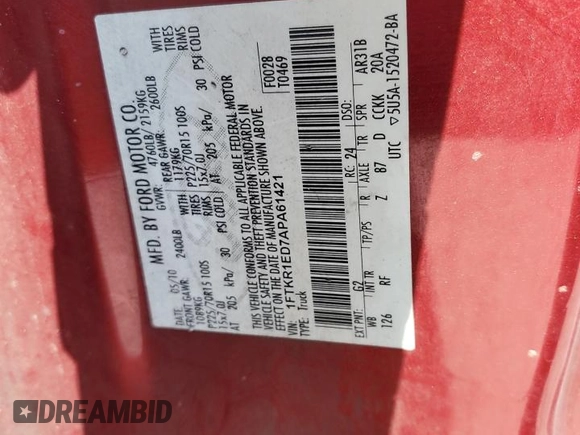 2010 Ford Ranger XL with VIN 1FTKR1ED7APA61421, listed as a Copart auction lot 72618714 with 126,631 mi miles and Non repairable. Bid and sale history available at DreamBid. Image 12.