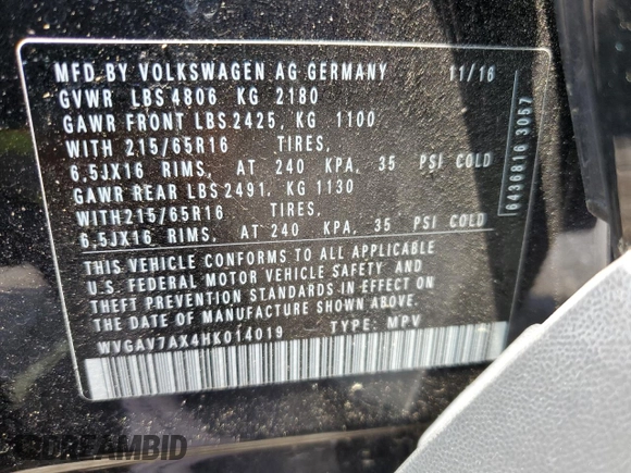 2017 Volkswagen Tiguan S z VIN WVGAV7AX4HK014019, wystawiony jako Copart lot #59749005 z przebiegiem 49 100 mil mil oraz Szkoda całkowita • Salvage title. Historia ofert i sprzedaży dostępna na DreamBid. Obrazek 14.