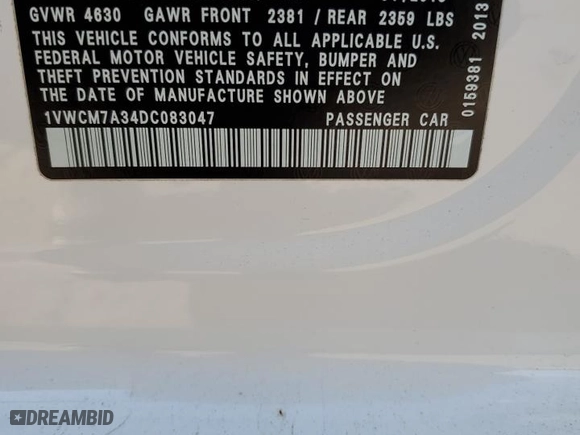 2013 Volkswagen Passat SEL Premium with VIN 1VWCM7A34DC083047, listed as a Copart auction lot 75218054 with 0 mi miles and Salvage Title. Bid and sale history available at carsss.com. Image 12.