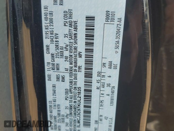 2019 Lincoln MKC Reserve with VIN 5LMCJ3C97KUL21835, listed as a Copart auction lot 60448605 with 46,193 mi miles and Salvage title. Bid and sale history available at DreamBid. Image 13.