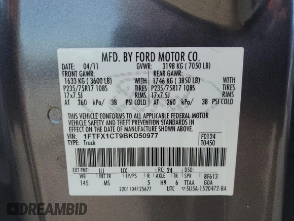 2011 Ford F-150 XL with VIN 1FTFX1CT9BKD50977, listed as a Copart auction lot 46324165 with 139,641 mi miles and Clean Title. Bid and sale history available at carsss.com. Image 12.