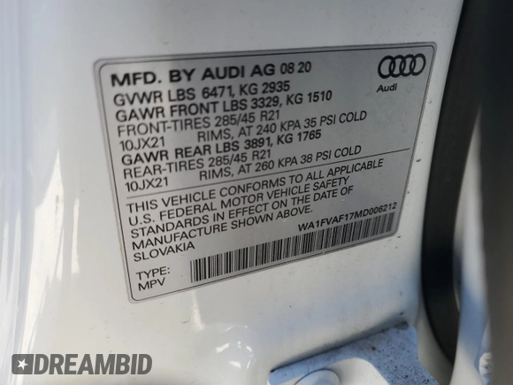 2021 Audi Q8 Prestige with VIN WA1FVAF17MD006212, listed as a Copart auction lot 46229225 with 57,061 mi miles and Salvage title. Bid and sale history available at DreamBid. Image 16.
