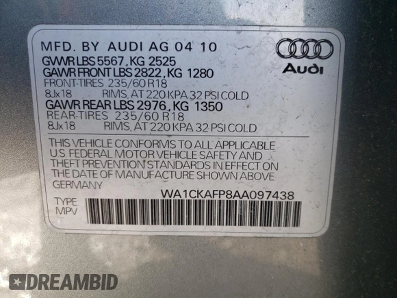 2010 Audi Q5 Premium with VIN WA1CKAFP8AA097438, listed as a Copart auction lot 43695035 with 193,123 mi miles and Clean Title. Bid and sale history available at carsss.com. Image 13.