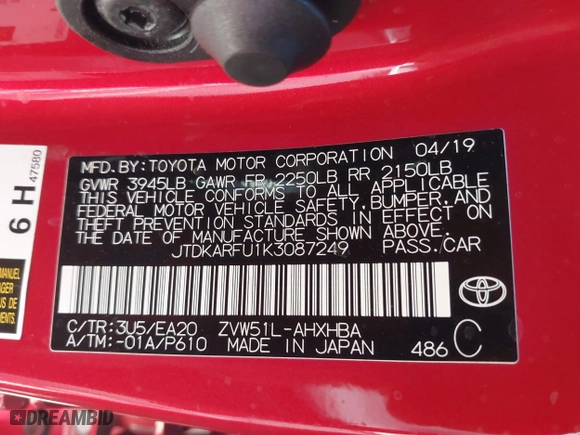 2019 Toyota Prius L Eco with VIN JTDKARFU1K3087249, listed as a IAAI auction lot 41583992 with 55,486 mi miles. Bid and sale history available at carsss.com. Image 9.