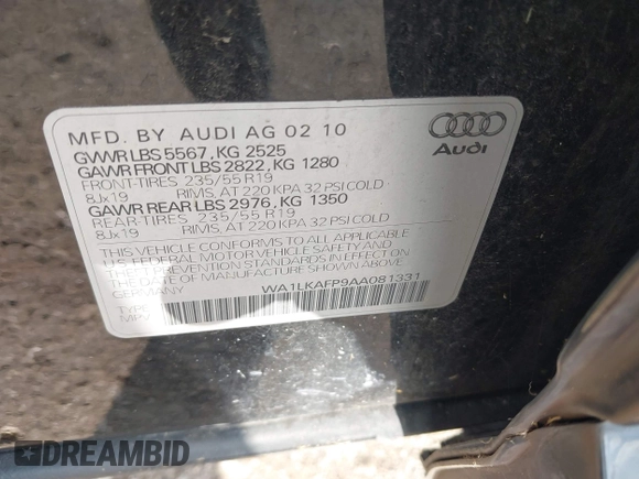 2010 Audi Q5 Premium Plus z VIN WA1LKAFP9AA081331, wystawiony jako IAAI lot #42735716 z przebiegiem 180 311 mil mil oraz . Historia ofert i sprzedaży dostępna na DreamBid. Obrazek 9.