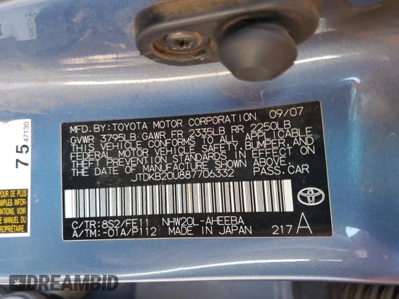 2008 Toyota Prius z VIN JTDKB20U887706332, wystawiony jako Copart lot #57947805 z przebiegiem Nie podano mil oraz Czysty tytuł • Clean title. Historia ofert i sprzedaży dostępna na DreamBid. Obrazek 12.