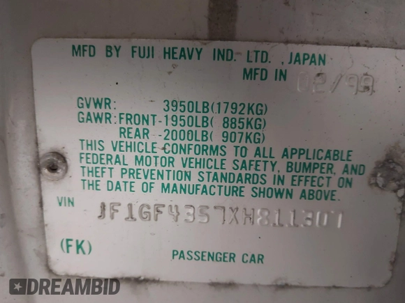 1999 Subaru Impreza L with VIN JF1GF4357XH811307, listed as a IAAI auction lot 41505426 with 195,693 mi miles and . Bid and sale history available at DreamBid. Image 9.