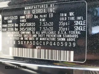 2023 Kia Telluride SX Prestige X-Line with VIN 5XYP5DGCXPG405939, listed as a Copart auction lot 65636844 with 4,598 mi miles and Salvage title. Bid and sale history available at DreamBid. Image 15.