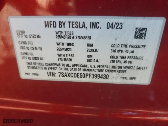 2023 Tesla Model X with VIN 7SAXCDE50PF399430, listed as a Copart auction lot 86604044 with 0 mi miles and Salvage Title. Bid and sale history available at carsss.com. Image 14.