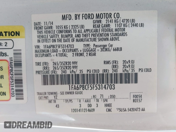 2015 Ford Mustang GT with VIN 1FA6P8CF5F5314703, listed as a IAAI auction lot 42151246 with 96,283 mi miles and . Bid and sale history available at carsss.com. Image 9.