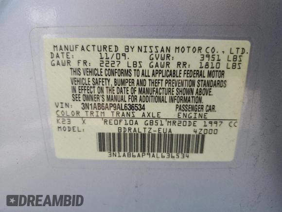 2010 Nissan Sentra SR with VIN 3N1AB6AP9AL636534, listed as a Copart auction lot 62405985 with 150,703 mi miles and Salvage title. Bid and sale history available at DreamBid. Image 12.