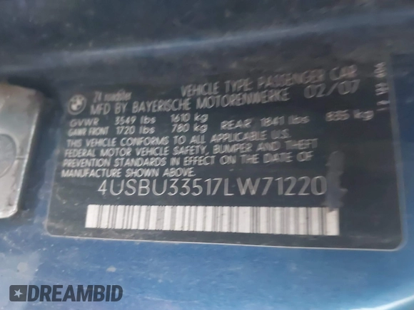 2007 BMW Z4 3.0i with VIN 4USBU33517LW71220, listed as a IAAI auction lot 41255482 with 116,775 mi miles and . Bid and sale history available at DreamBid. Image 9.