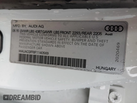 2015 Audi A3 1.8T Premium with VIN WAUACGFF8F1140569, listed as a Copart auction lot 37255753 with 103,319 mi miles. Bid and sale history available at carsss.com. Image 13.