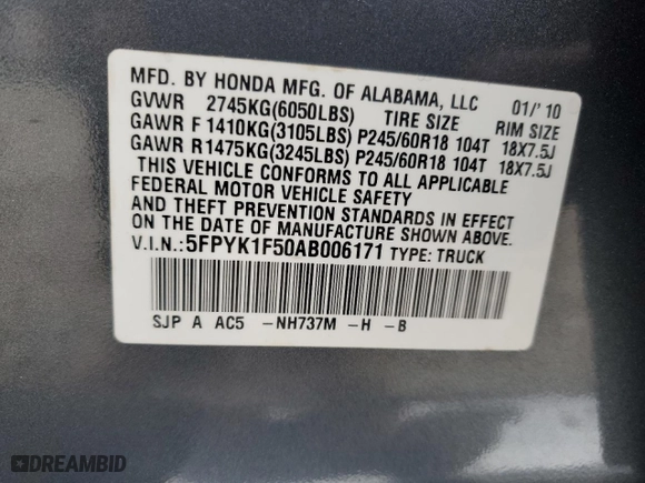 2010 Honda Ridgeline RTL with VIN 5FPYK1F50AB006171, listed as a Copart auction lot 44863745 with 107,980 mi miles and Salvage Title. Bid and sale history available at carsss.com. Image 14.