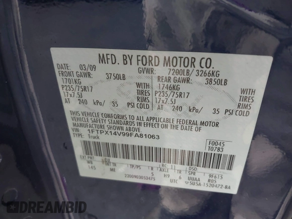 2009 Ford F-150 XL with VIN 1FTPX14V99FA81063, listed as a IAAI auction lot 40769810 with 238,472 mi miles. Bid and sale history available at carsss.com. Image 9.