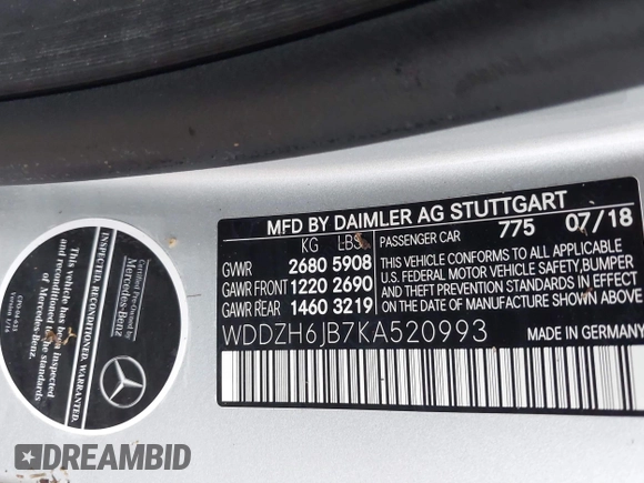 2019 Mercedes-Benz E 450 with VIN WDDZH6JB7KA520993, listed as a IAAI auction lot 40525935 with Not provided miles and . Bid and sale history available at DreamBid. Image 9.