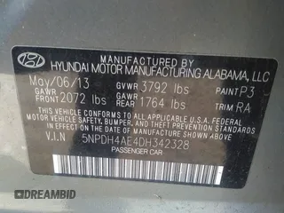 2013 Hyundai Elantra GLS with VIN 5NPDH4AE4DH342328, listed as a IAAI auction lot 36543059 with 155,105 mi miles and . Bid and sale history available at DreamBid. Image 9.