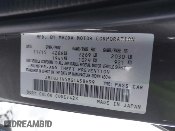 2016 Mazda Mazda6 i Touring with VIN JM1GJ1V58G1458699, listed as a IAAI auction lot 41598598 with 73,576 mi miles. Bid and sale history available at carsss.com. Image 9.