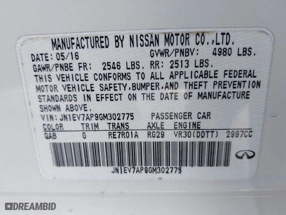 2016 Infiniti Q50 3.0t Premium with VIN JN1EV7AP9GM302775, listed as a IAAI auction lot 41633030 with 127,754 mi miles. Bid and sale history available at carsss.com. Image 9.