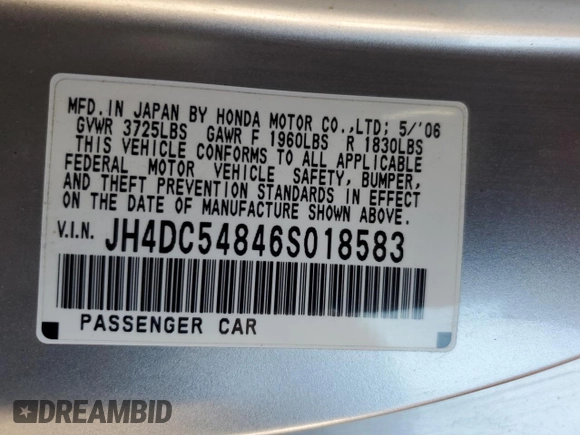 2006 Acura RSX with VIN JH4DC54846S018583, listed as a Copart auction lot 48508425 with 216,206 mi miles and Salvage Title. Bid and sale history available at carsss.com. Image 16.