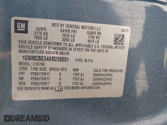 2010 Chevrolet Tahoe LT with VIN 1GNMCBE34AR236601, listed as a IAAI auction lot 42204854 with Not provided miles and . Bid and sale history available at DreamBid. Image 9.