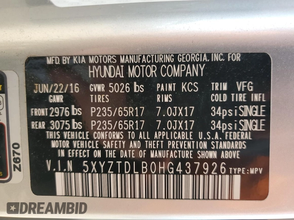 2017 Hyundai Santa Fe 2.4L with VIN 5XYZTDLB0HG437926, listed as a Copart auction lot 60034725 with 80,313 mi miles and Salvage title. Bid and sale history available at DreamBid. Image 12.