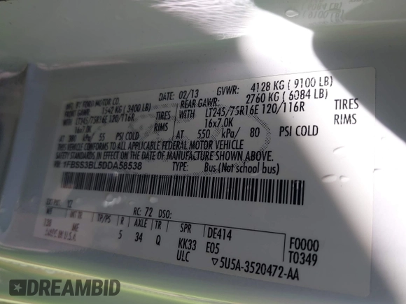 2013 Ford Econoline Passenger XL with VIN 1FBSS3BL5DDA58538, listed as a IAAI auction lot 41918651 with 141,471 mi miles and . Bid and sale history available at DreamBid. Image 9.