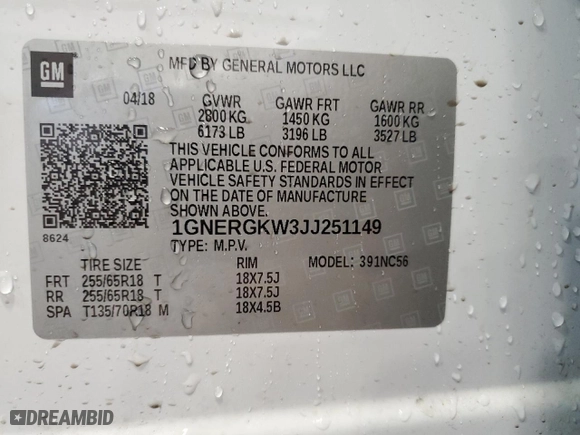 2018 Chevrolet Traverse LT Cloth with VIN 1GNERGKW3JJ251149, listed as a Copart auction lot 43180715 with 57,595 mi miles and Clean Title. Bid and sale history available at carsss.com. Image 13.