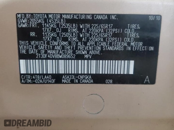 2011 Toyota RAV4 Limited with VIN 2T3DF4DV8BW089652, listed as a Copart auction lot 65370105 with 170,538 mi miles and Clean title. Bid and sale history available at DreamBid. Image 13.