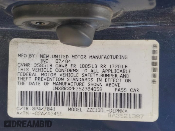2005 Toyota Corolla CE with VIN 1NXBR32E25Z384058, listed as a Copart auction lot 48981565 with 222,416 mi miles and Clean Title. Bid and sale history available at DreamBid. Image 12.