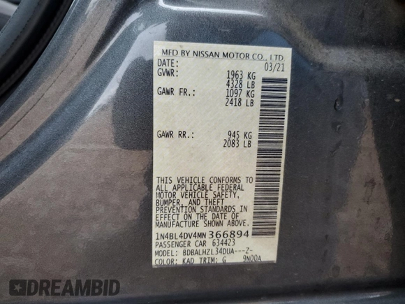 2021 Nissan Altima 2.5 SV with VIN 1N4BL4DV4MN366894, listed as a Copart auction lot 44373815 with 110,107 mi miles and Salvage Title. Bid and sale history available at carsss.com. Image 14.