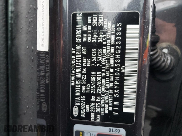 2017 Kia Sorento EX with VIN 5XYPHDA53HG233305, listed as a Copart auction lot 50397343 with 80,009 mi miles and Salvage title. Bid and sale history available at DreamBid. Image 13.