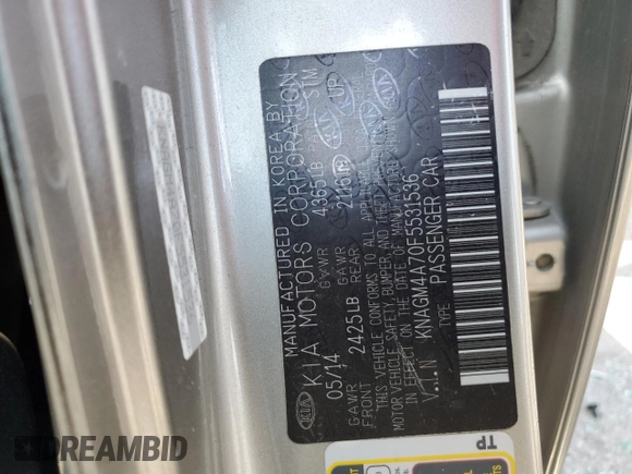 2015 Kia Optima LX with VIN KNAGM4A70F5531536, listed as a Copart auction lot 53731885 with Not provided miles and Salvage title. Bid and sale history available at DreamBid. Image 13.