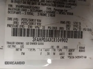 2012 Ford Fusion SEL z VIN 3FAHP0JAXCR104902, wystawiony jako IAAI lot #42471136 z przebiegiem 186 468 mil mil oraz . Historia ofert i sprzedaży dostępna na DreamBid. Obrazek 9.