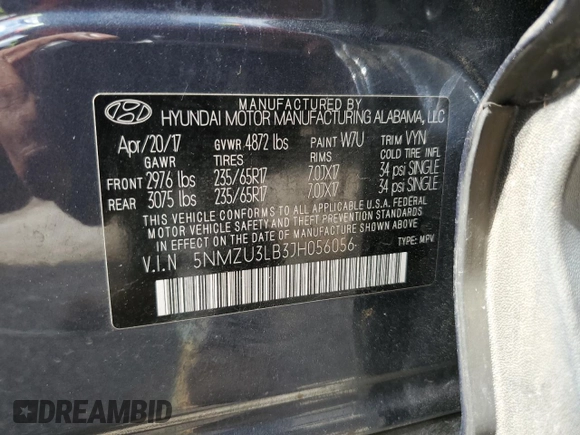 2018 Hyundai Santa Fe 2.4L with VIN 5NMZU3LB3JH056056, listed as a Copart auction lot 60928835 with 93,504 mi miles and Salvage title. Bid and sale history available at DreamBid. Image 13.