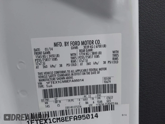 2014 Ford F-150 XL with VIN 1FTEX1CM8EFA95014, listed as a IAAI auction lot 41743068 with 202,753 mi miles and . Bid and sale history available at DreamBid. Image 9.