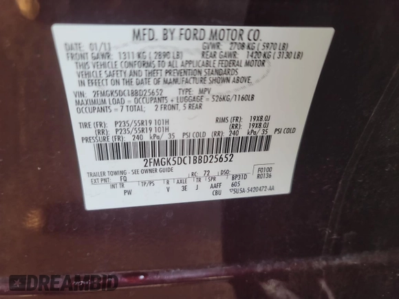 2011 Ford Flex Limited with VIN 2FMGK5DC1BBD25652, listed as a Copart auction lot 49539805 with 162,632 mi miles and Clean Title. Bid and sale history available at carsss.com. Image 10.