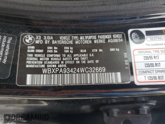 2004 BMW X3 3.0i z VIN WBXPA93424WC32669, wystawiony jako Copart lot #53979825 z przebiegiem 169 629 mil mil oraz Czysty tytuł • Clean title. Historia ofert i sprzedaży dostępna na DreamBid. Obrazek 13.