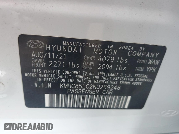 2022 Hyundai Ioniq SEL z VIN KMHC85LC2NU269248, wystawiony jako Copart lot #83308334 z przebiegiem 35 448 mil mil oraz Szkoda całkowita • Salvage title. Historia ofert i sprzedaży dostępna na DreamBid. Obrazek 14.
