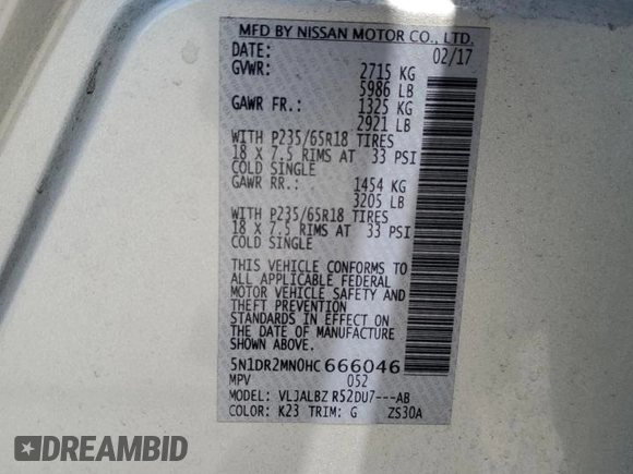 2017 Nissan Pathfinder S with VIN 5N1DR2MN0HC666046, listed as a Copart auction lot 60103085 with 99,194 mi miles and Salvage title. Bid and sale history available at DreamBid. Image 13.