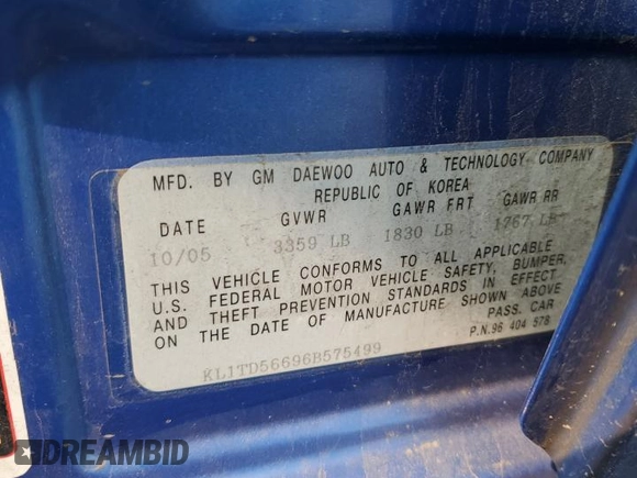 2006 Chevrolet Aveo LS with VIN KL1TD56696B575499, listed as a Copart auction lot 54780455 with 125,167 mi miles and Salvage title. Bid and sale history available at DreamBid. Image 12.